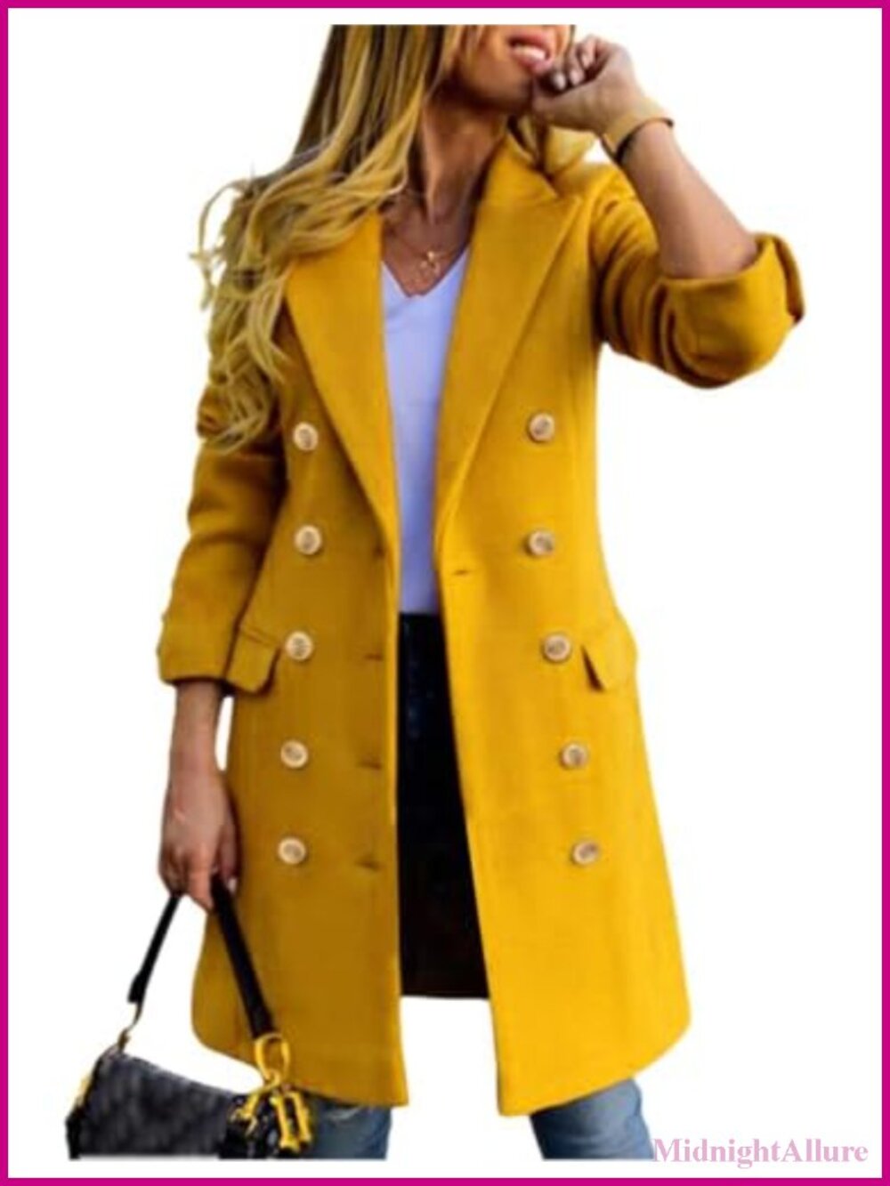 Wool Blend Double Breasted Midi Peacoat Trench Coat Notch Lapel